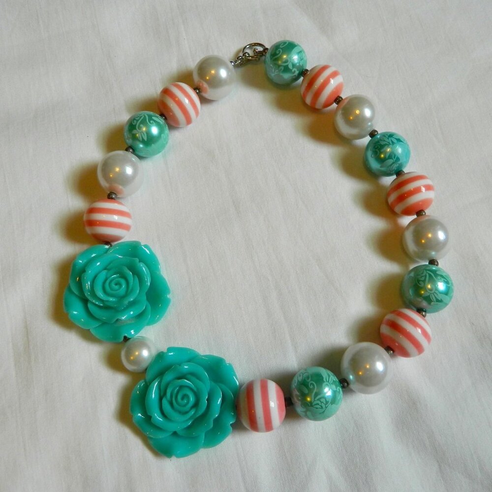 Girls Kids Chunky Bubble Gum Bead Necklace Aqua Flower